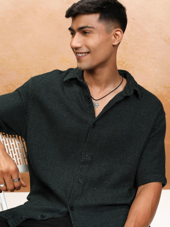 Highlander Men Green Textured Oversized Fit Casual Shirt - Green - Image 1