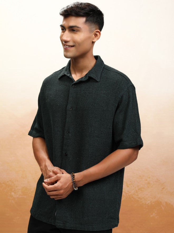 Highlander Men Green Textured Oversized Fit Casual Shirt - Green - Image 4