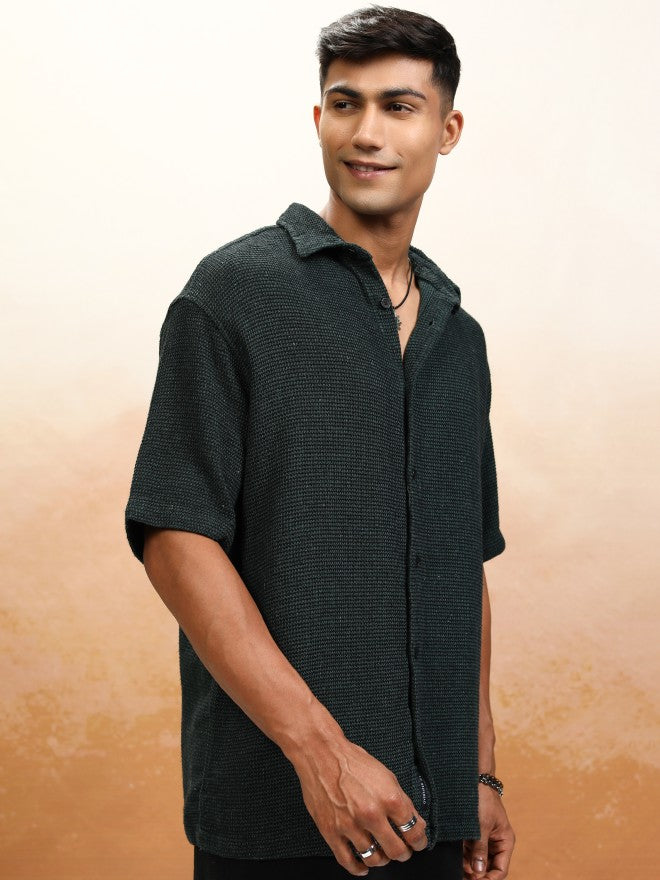 Highlander Men Green Textured Oversized Fit Casual Shirt - Green - Image 6