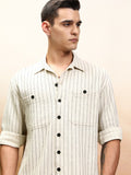 Highlander Men Off Beige Striped Oversized Fit Casual Shirt - Beige - Image 1