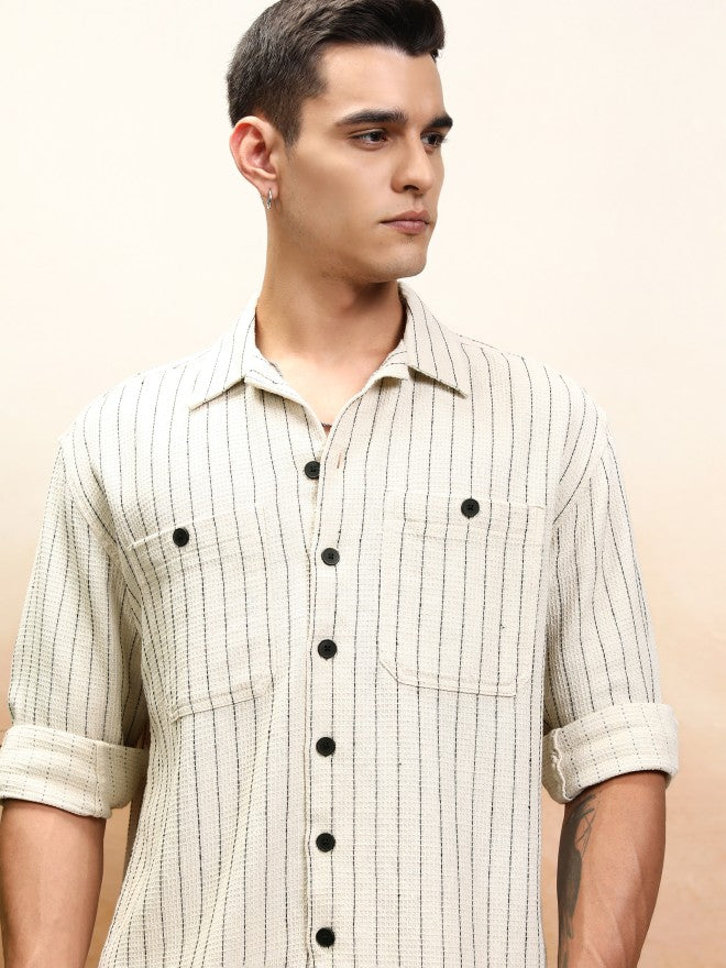 Highlander Men Off Beige Striped Oversized Fit Casual Shirt - Beige - Image 1
