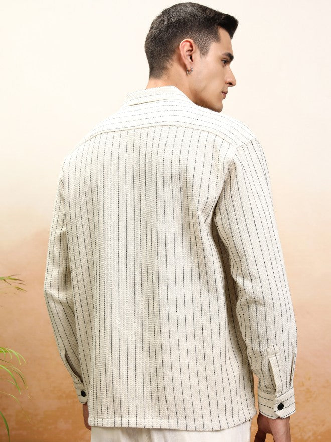 Highlander Men Off Beige Striped Oversized Fit Casual Shirt - Beige - Image 3