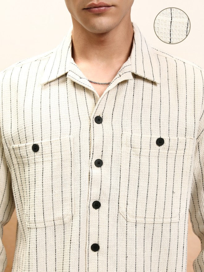 Highlander Men Off Beige Striped Oversized Fit Casual Shirt - Beige - Image 5