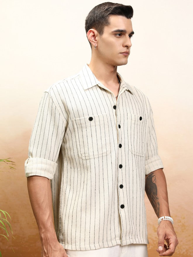 Highlander Men Off Beige Striped Oversized Fit Casual Shirt - Beige - Image 6