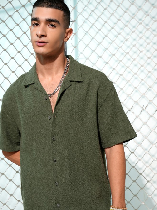 Highlander Men Olive Textured Oversized Fit Casual Shirt - Olive - Image 1