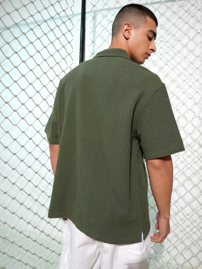 Highlander Men Olive Textured Oversized Fit Casual Shirt - Olive - Image 3