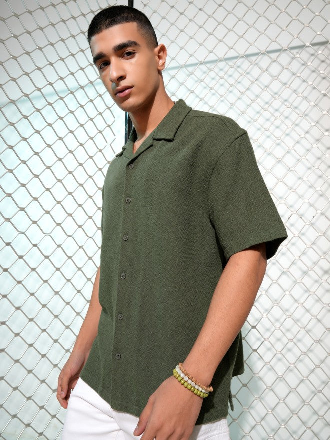 Highlander Men Olive Textured Oversized Fit Casual Shirt - Olive - Image 4