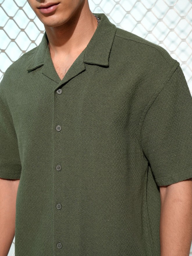Highlander Men Olive Textured Oversized Fit Casual Shirt - Olive - Image 5