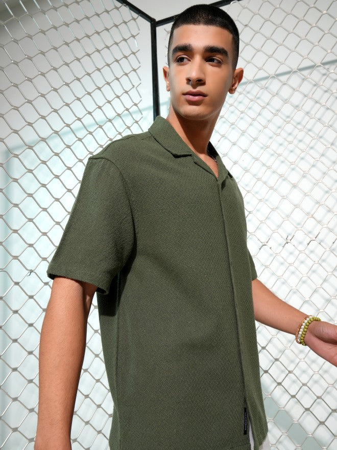 Highlander Men Olive Textured Oversized Fit Casual Shirt - Olive - Image 6