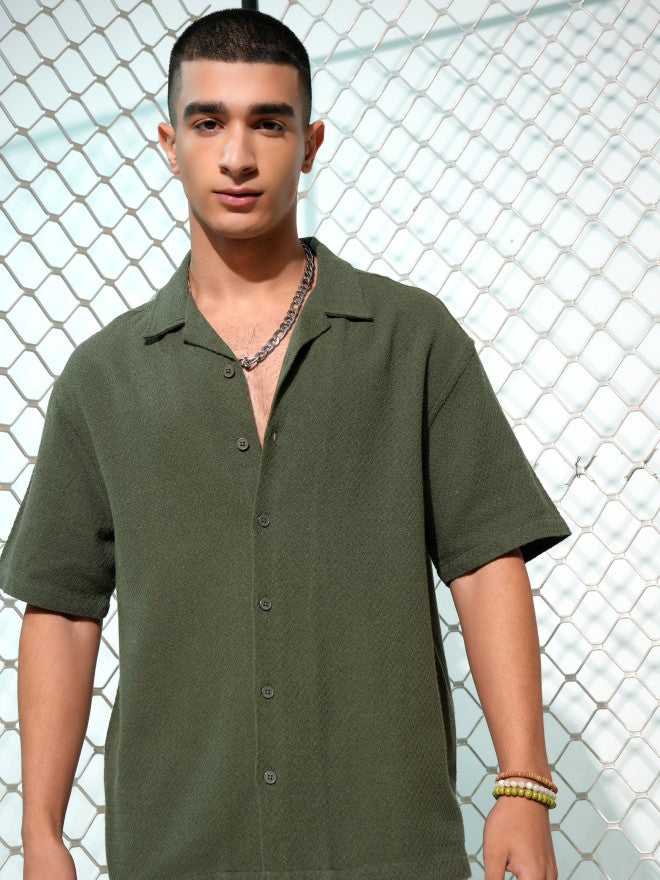 Highlander Men Olive Textured Oversized Fit Casual Shirt - Olive - Image 7