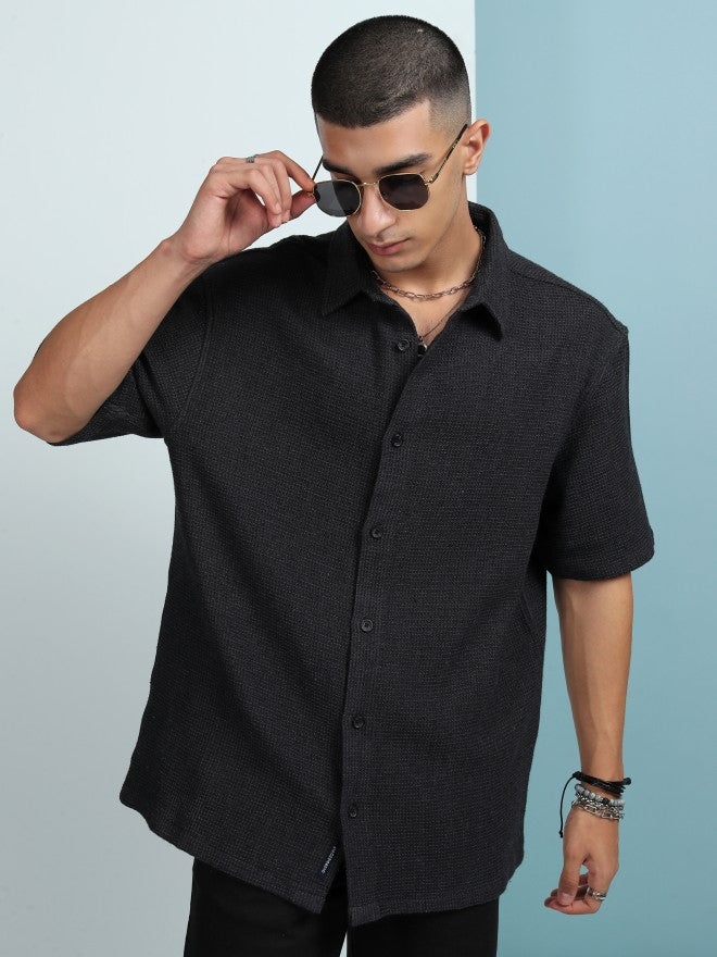 Highlander Men Black Solid Oversized Fit Casual Shirt - Black - Image 1