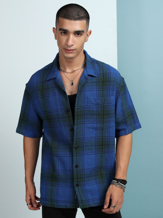 Highlander Men Blue Checked Oversized Fit Casual Shirt - Blue - Image 1