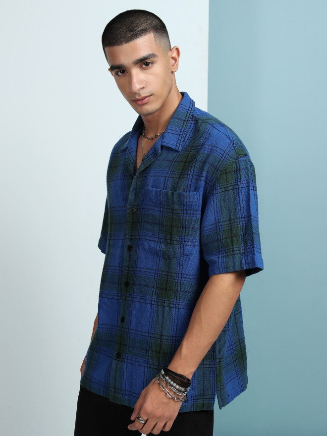 Highlander Men Blue Checked Oversized Fit Casual Shirt - Blue - Image 4