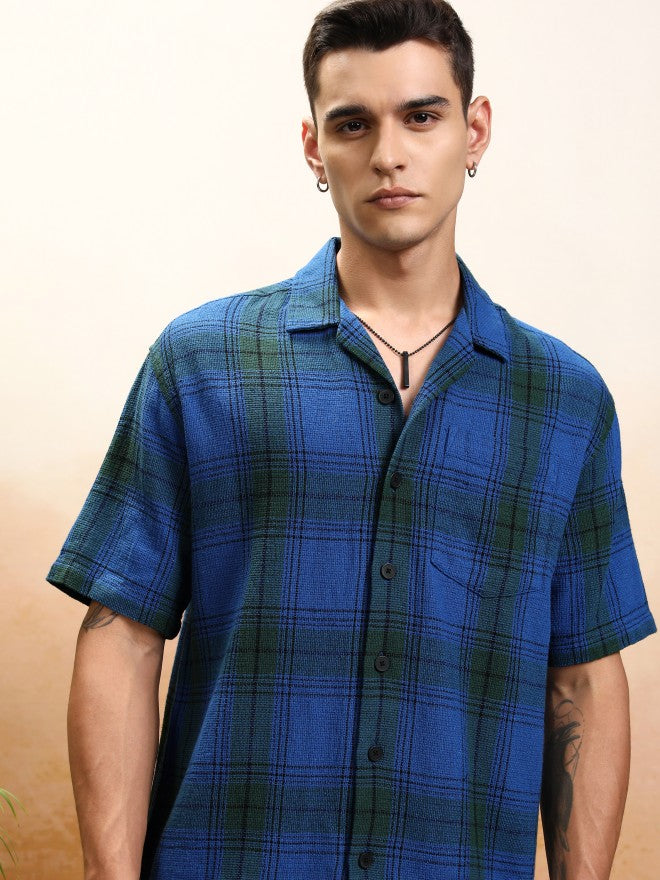 Highlander Men Blue Checked Oversized Fit Casual Shirt - Blue - Image 1