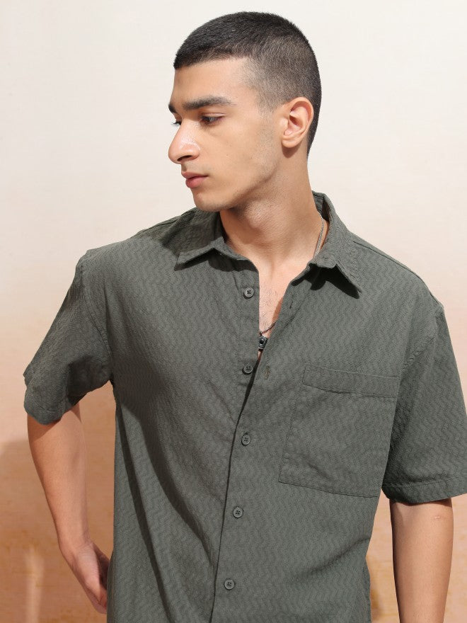 Highlander Men Olive Textured Oversized Fit Casual Shirt - Olive - Image 1