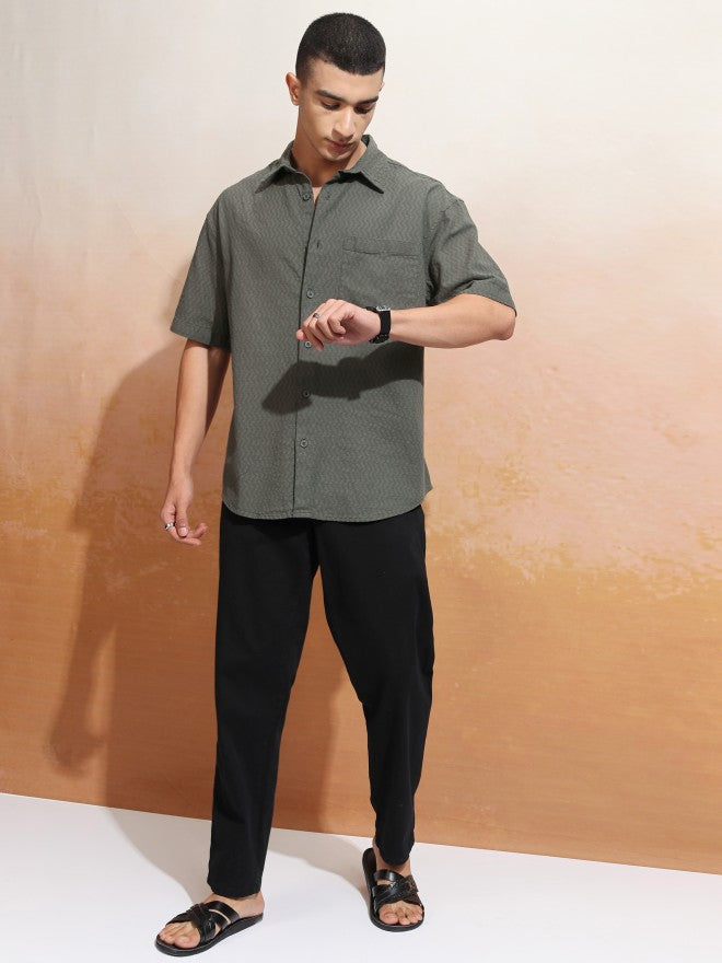 Highlander Men Olive Textured Oversized Fit Casual Shirt - Olive - Image 2