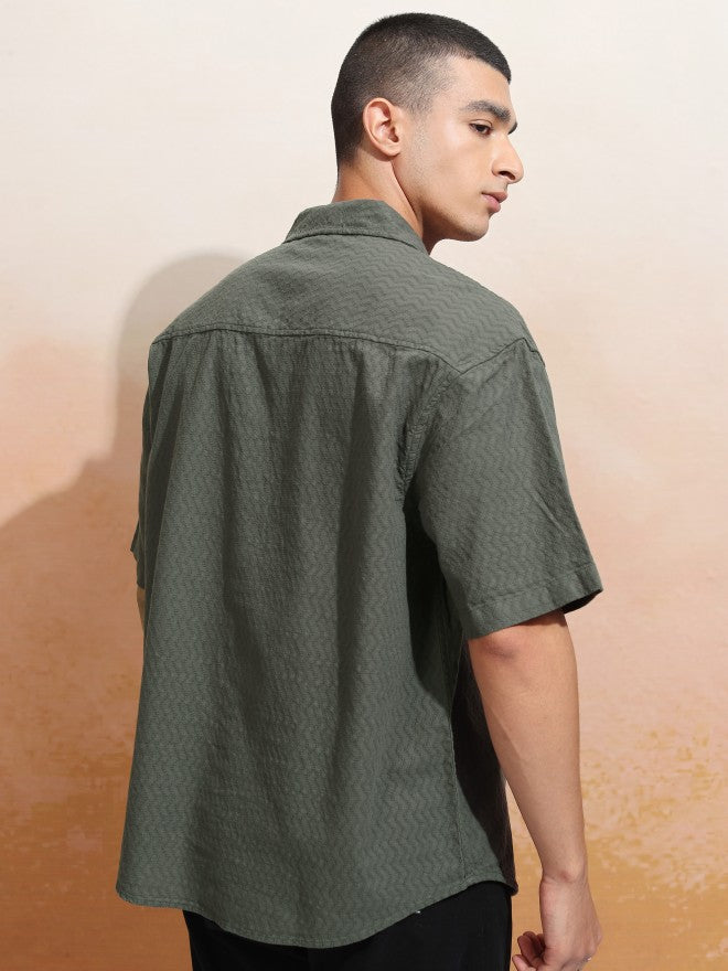 Highlander Men Olive Textured Oversized Fit Casual Shirt - Olive - Image 3