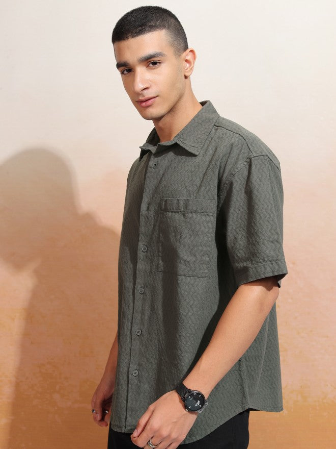 Highlander Men Olive Textured Oversized Fit Casual Shirt - Olive - Image 4