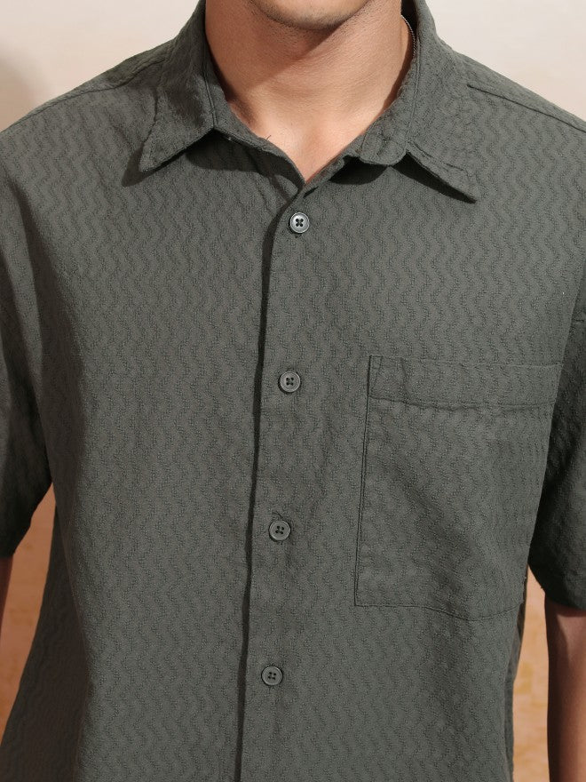 Highlander Men Olive Textured Oversized Fit Casual Shirt - Olive - Image 5