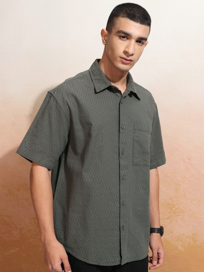 Highlander Men Olive Textured Oversized Fit Casual Shirt - Olive - Image 6