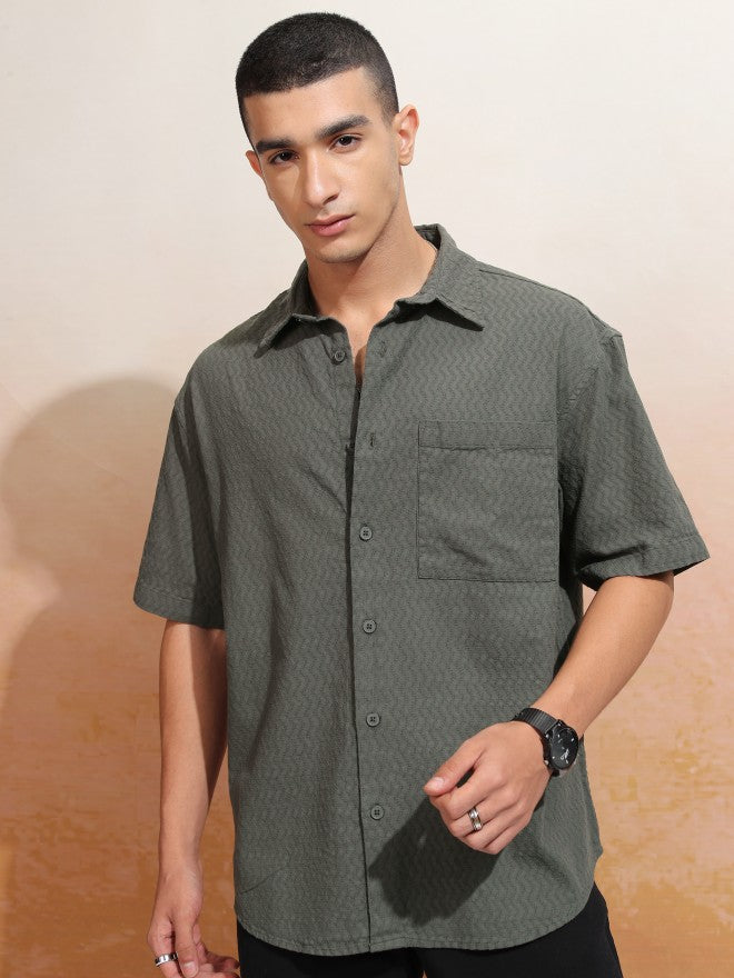 Highlander Men Olive Textured Oversized Fit Casual Shirt - Olive - Image 7