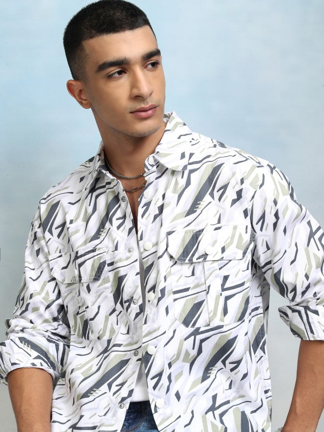 Highlader Men Olive Printed Oversized Fit Casual Shirt - Olive - Image 1