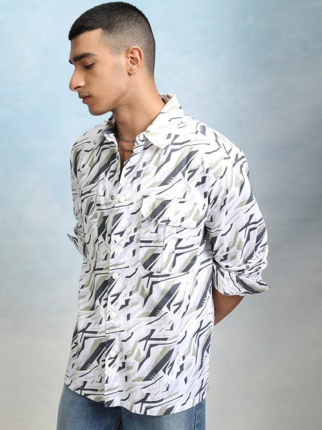 Highlader Men Olive Printed Oversized Fit Casual Shirt - Olive - Image 4