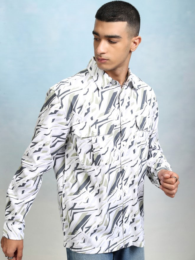 Highlader Men Olive Printed Oversized Fit Casual Shirt - Olive - Image 6