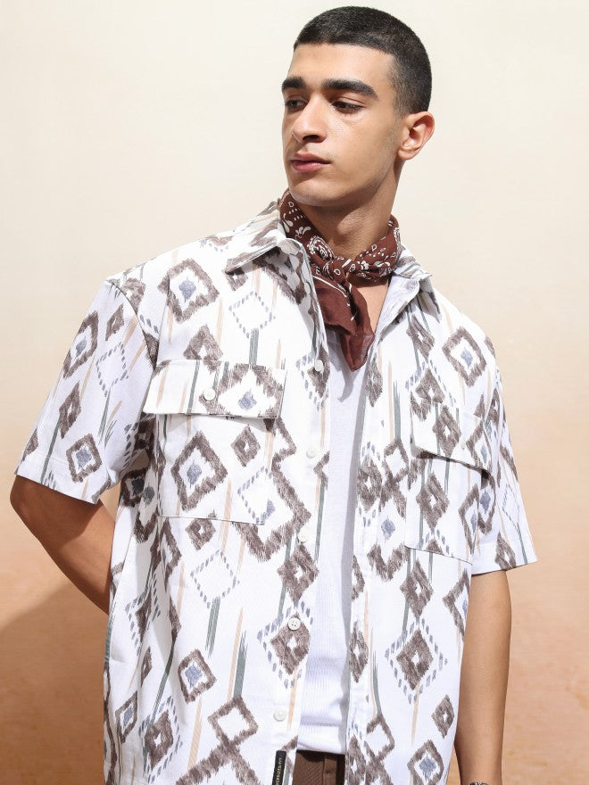 Highlander Men White Printed Oversized Fit Casual Shirt - White - Image 1