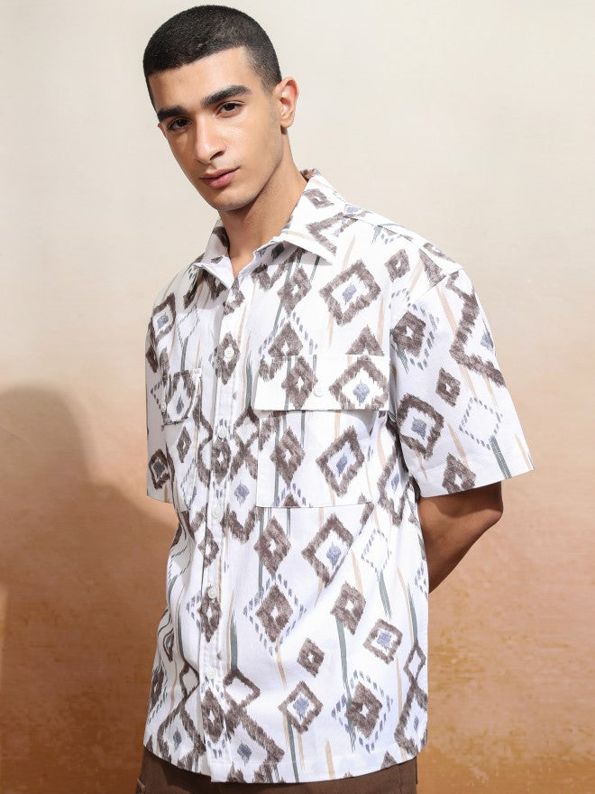 Highlander Men White Printed Oversized Fit Casual Shirt - White - Image 4
