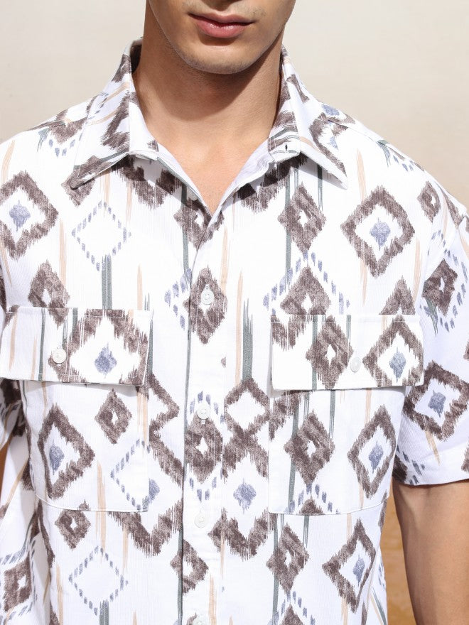 Highlander Men White Printed Oversized Fit Casual Shirt - White - Image 5