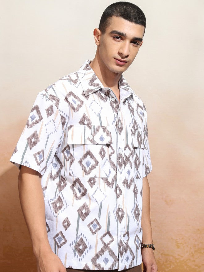 Highlander Men White Printed Oversized Fit Casual Shirt - White - Image 6