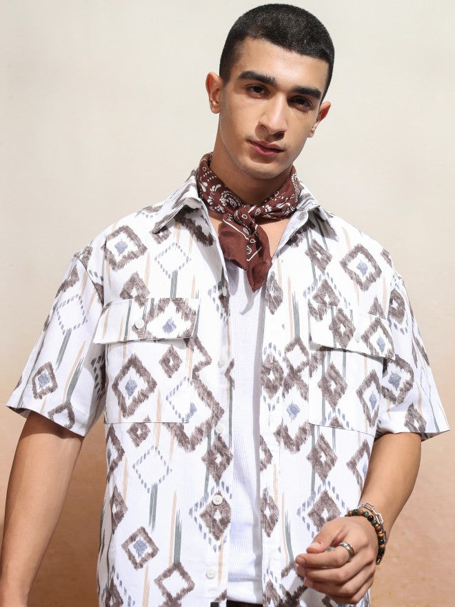 Highlander Men White Printed Oversized Fit Casual Shirt - White - Image 7