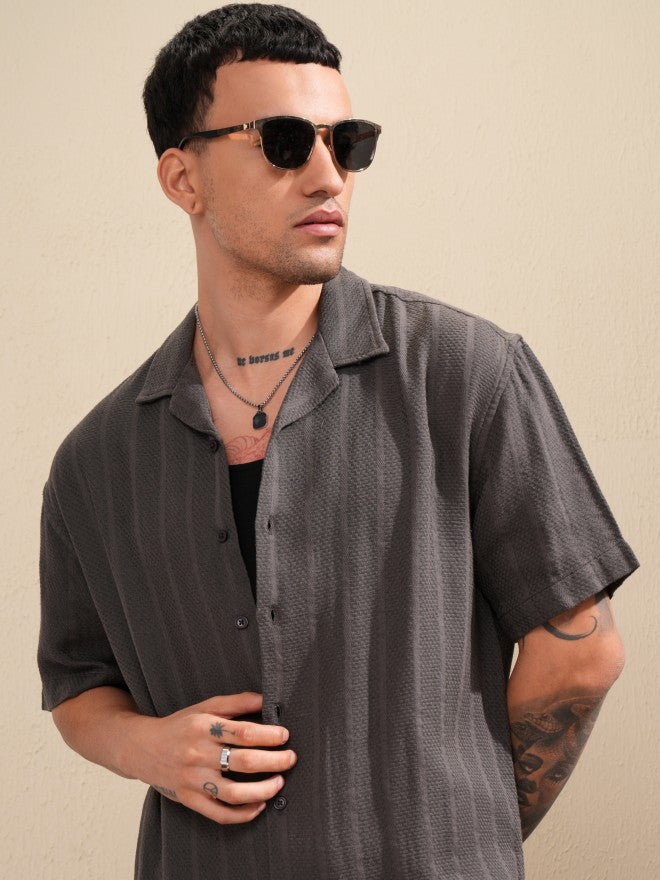 Highlander Men Grey Striped Oversized Fit Casual Shirt - Grey - Image 1