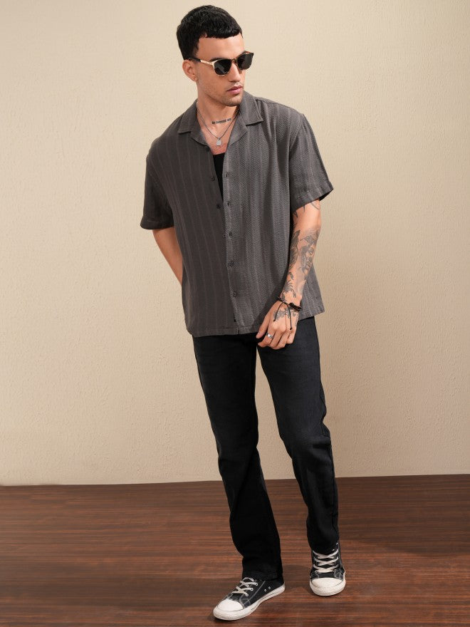 Highlander Men Grey Striped Oversized Fit Casual Shirt - Grey - Image 2