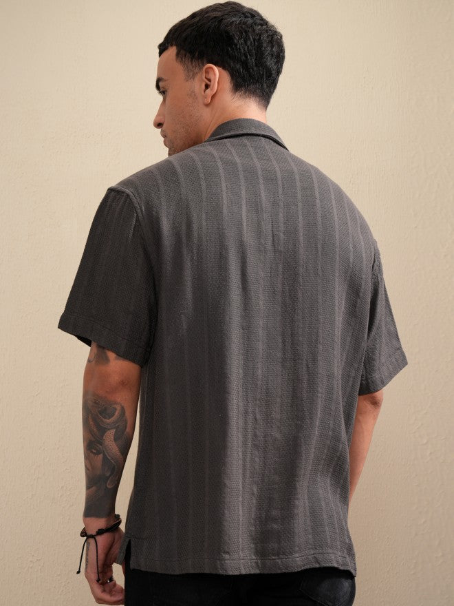 Highlander Men Grey Striped Oversized Fit Casual Shirt - Grey - Image 3