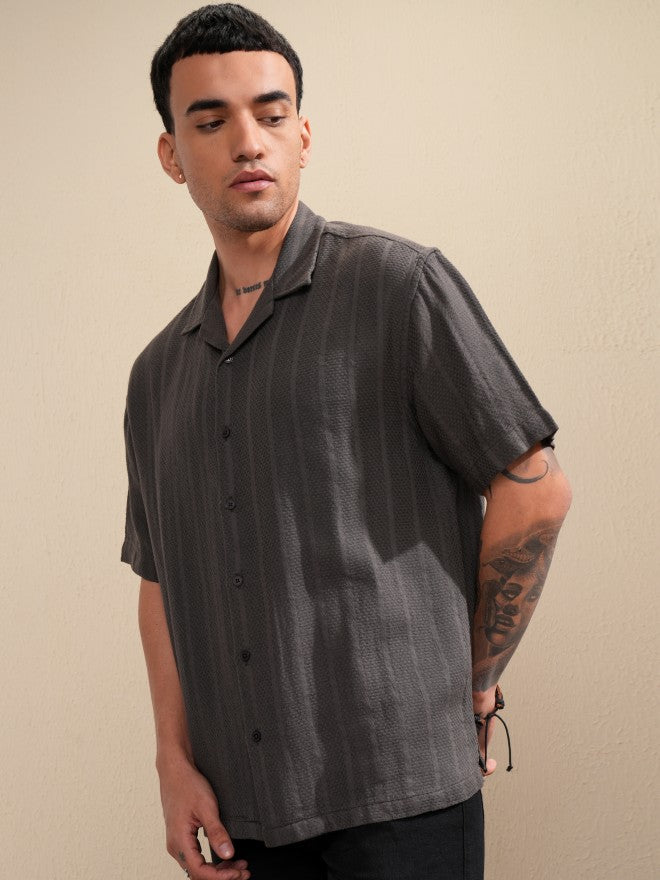 Highlander Men Grey Striped Oversized Fit Casual Shirt - Grey - Image 4