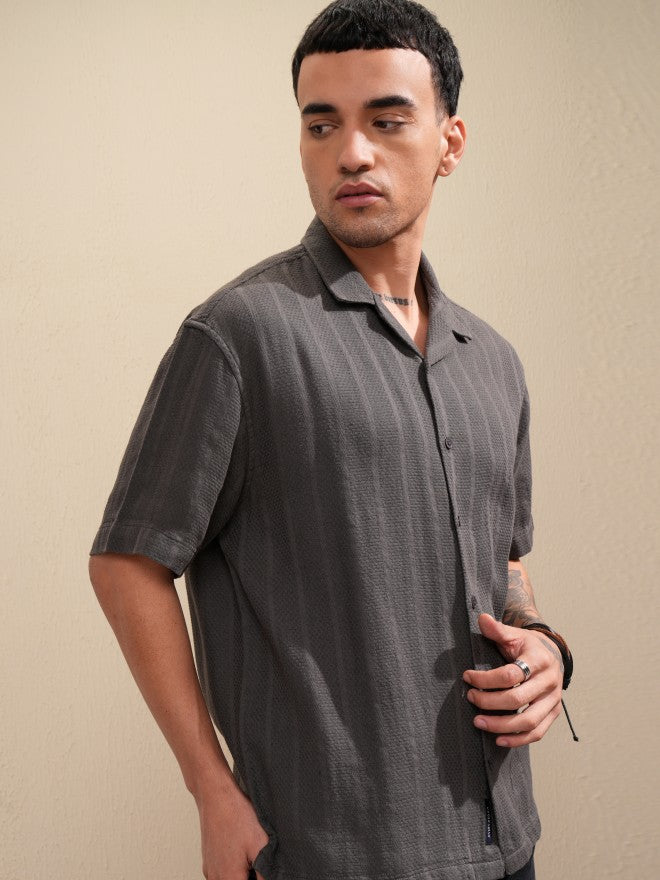 Highlander Men Grey Striped Oversized Fit Casual Shirt - Grey - Image 6