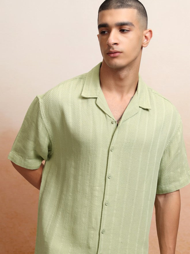Highlander Men Green Striped Oversized Fit Casual Shirt - Green - Image 1