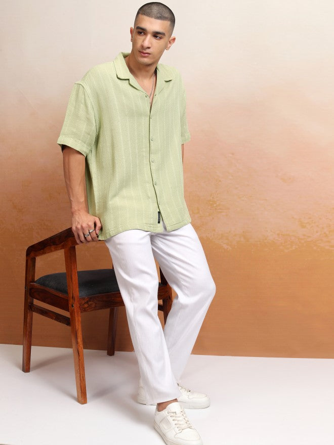 Highlander Men Green Striped Oversized Fit Casual Shirt - Green - Image 2