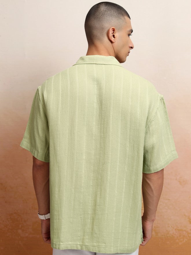 Highlander Men Green Striped Oversized Fit Casual Shirt - Green - Image 3