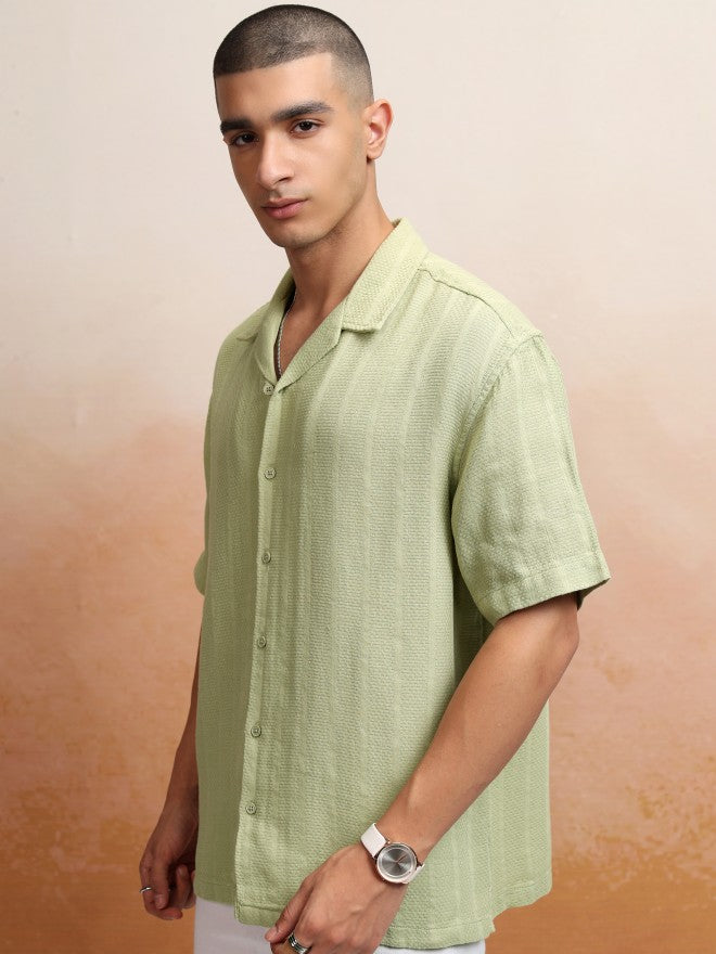 Highlander Men Green Striped Oversized Fit Casual Shirt - Green - Image 4