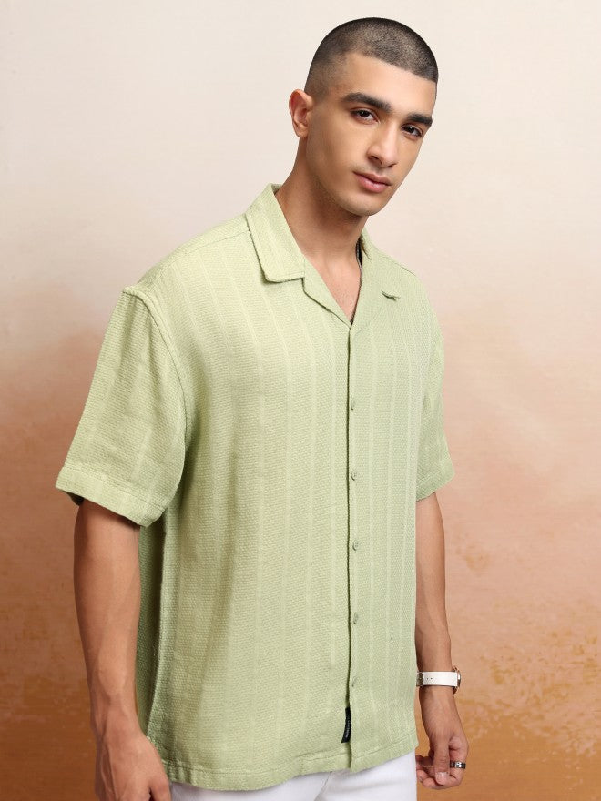 Highlander Men Green Striped Oversized Fit Casual Shirt - Green - Image 6