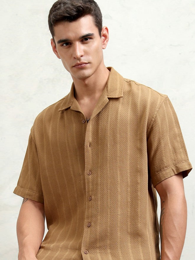 Highlander Men Brown Striped Oversized Fit Casual Shirt - Brown - Image 1