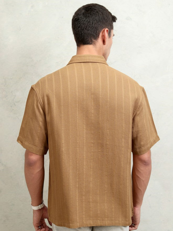 Highlander Men Brown Striped Oversized Fit Casual Shirt - Brown - Image 3