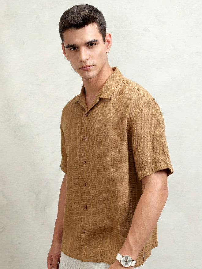 Highlander Men Brown Striped Oversized Fit Casual Shirt - Brown - Image 4