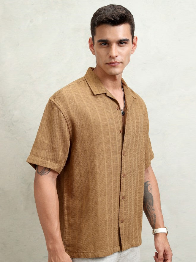 Highlander Men Brown Striped Oversized Fit Casual Shirt - Brown - Image 6