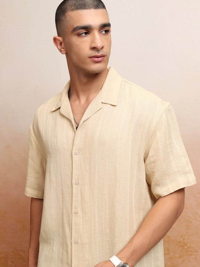Highlander Men Beige Striped Oversized Fit Casual Shirt - Beige - Image 1