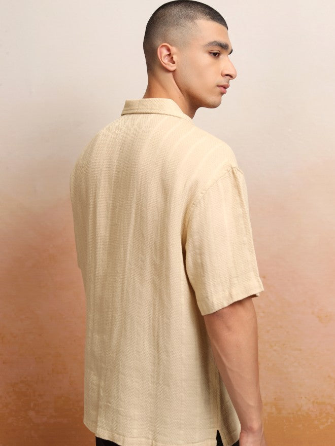 Highlander Men Beige Striped Oversized Fit Casual Shirt - Beige - Image 3