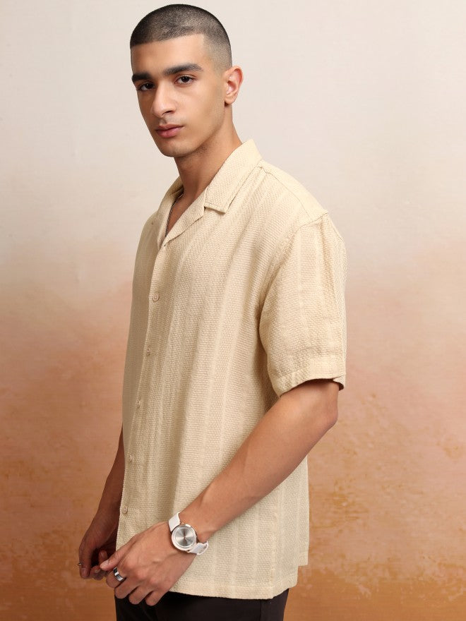 Highlander Men Beige Striped Oversized Fit Casual Shirt - Beige - Image 4
